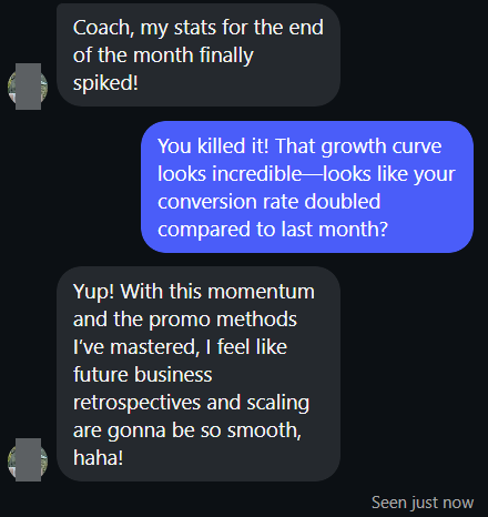 Message from a student whose end-of-month stats spiked and conversion rate doubled.